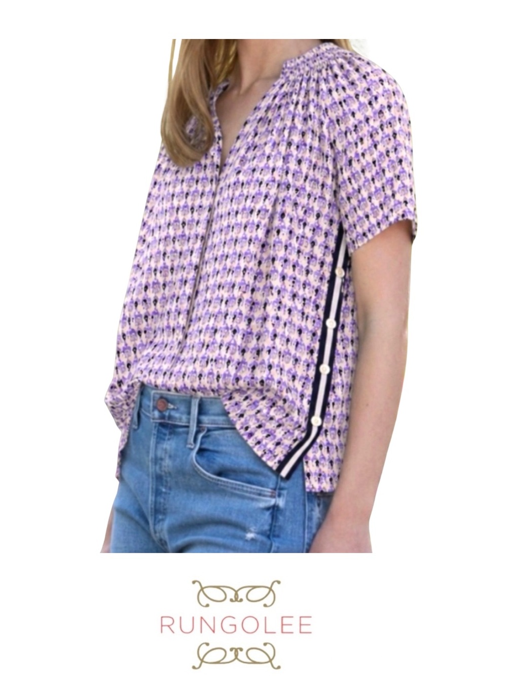 Rungolee- Silk “Savannah” Short Sleeve Blouse in Lavender and Navy, Size Medium